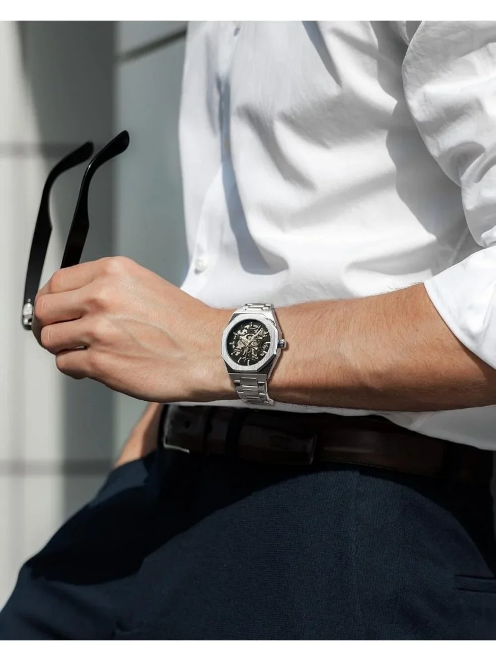 Men's Silver Black Automatic Mechanical Limited Luxury Carved Dial Wrist Watch